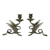 Paire de bougeoirs. Chimère Dragon. Laiton doré. Bestiaire fantastique