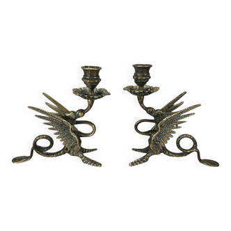 Pair of candlesticks. Chimera Dragon. Gilded brass. Fantastic bestiary