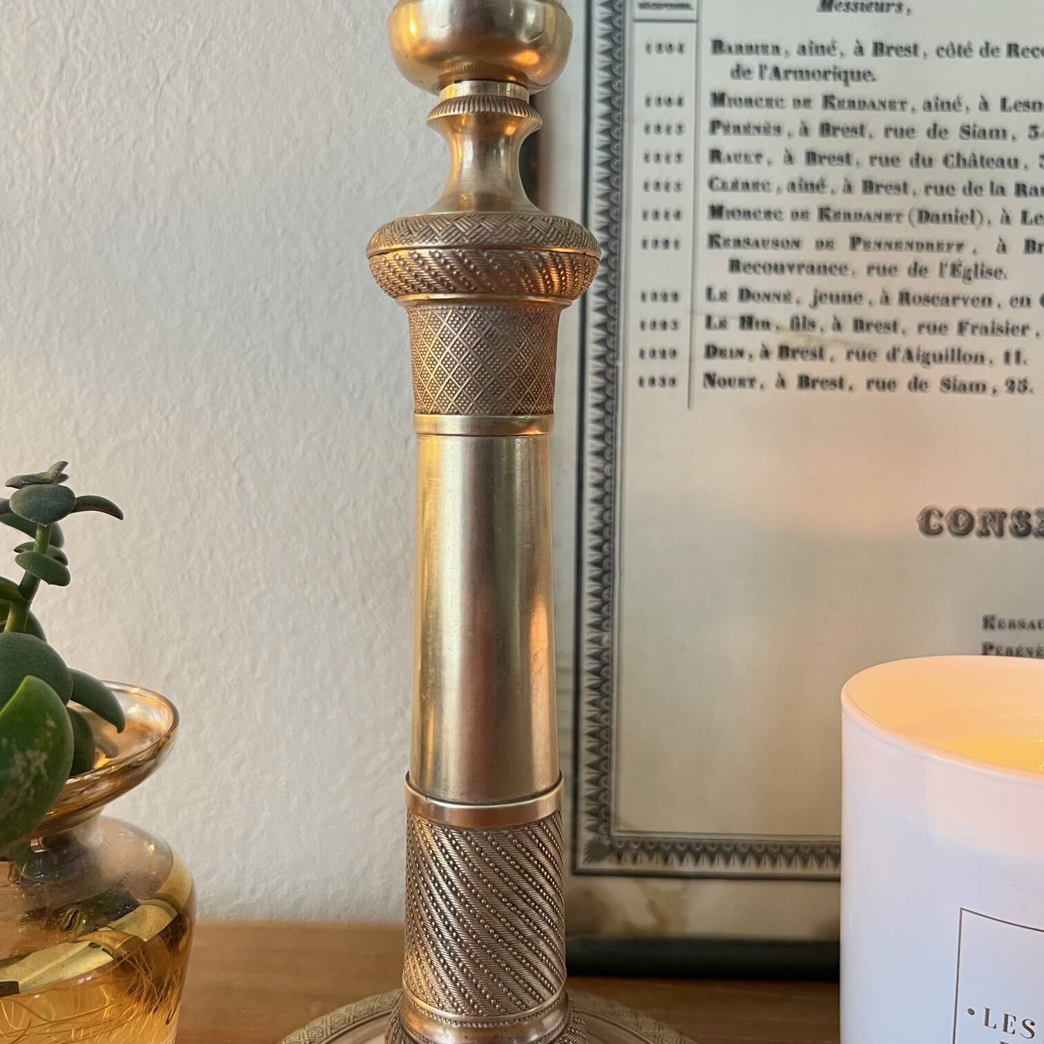 Large chiseled brass candle holder h24 cm