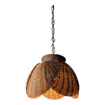 Lampe suspendue moderne en osier avec abat-jour en pétales superposés, fin du 20e siècle