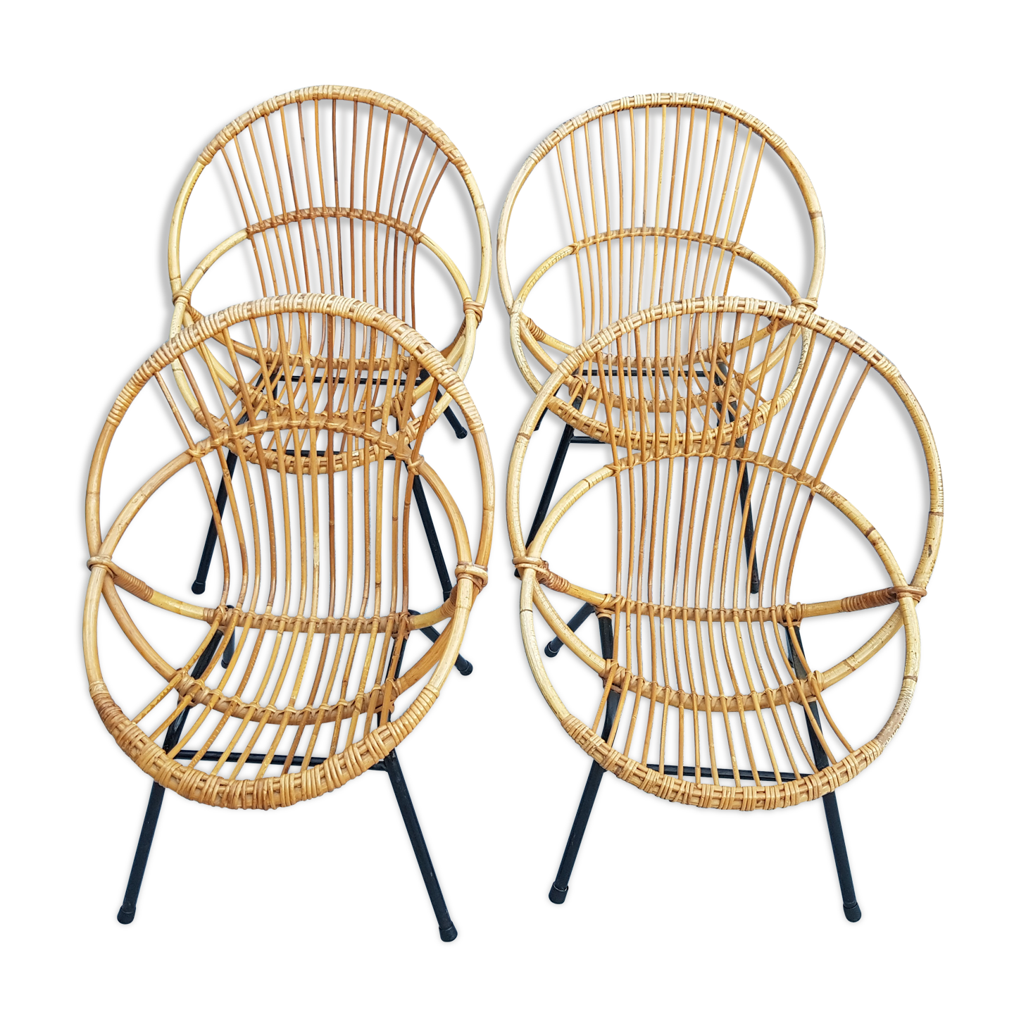 4 shell armchairs in rattan, metal feet