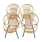 4 shell armchairs in rattan, metal feet