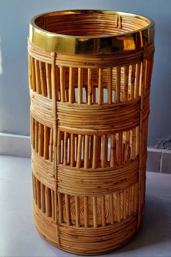 Brass and rattan umbrella stand 1970