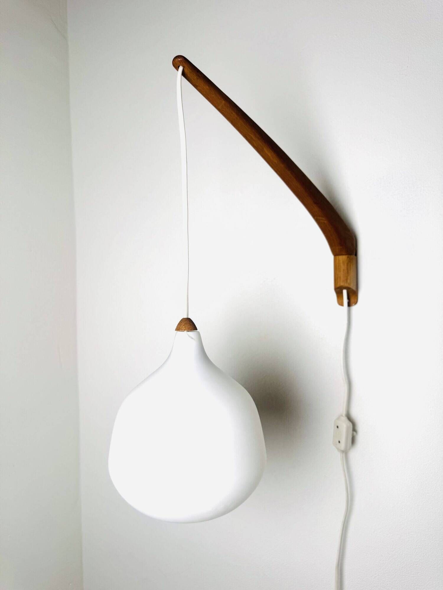 Model 705 Wall Lamp In Teak And Opaline Glass By Uno & Östen Kristiansson For Luxus, Sweden 1960S