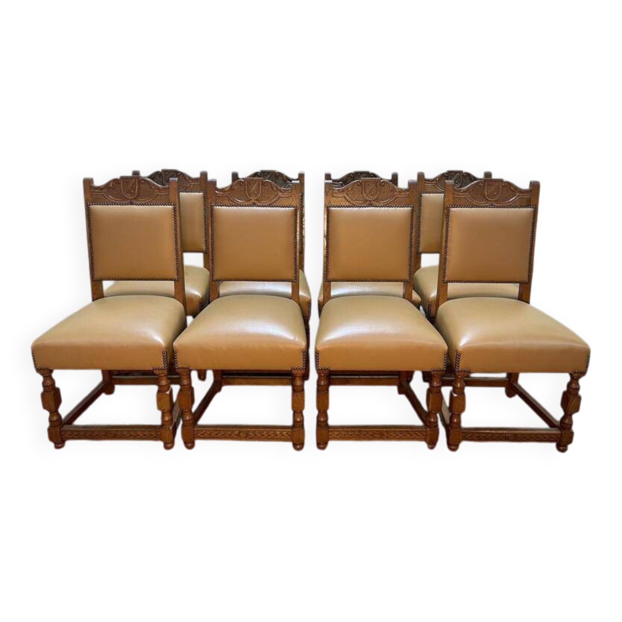 Suite de 8 chaises style Louis XIII - Haute époque en cuir