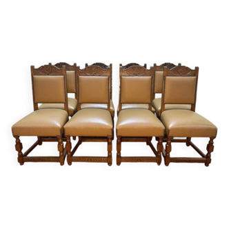 Suite de 8 chaises style Louis XIII - Haute époque en cuir