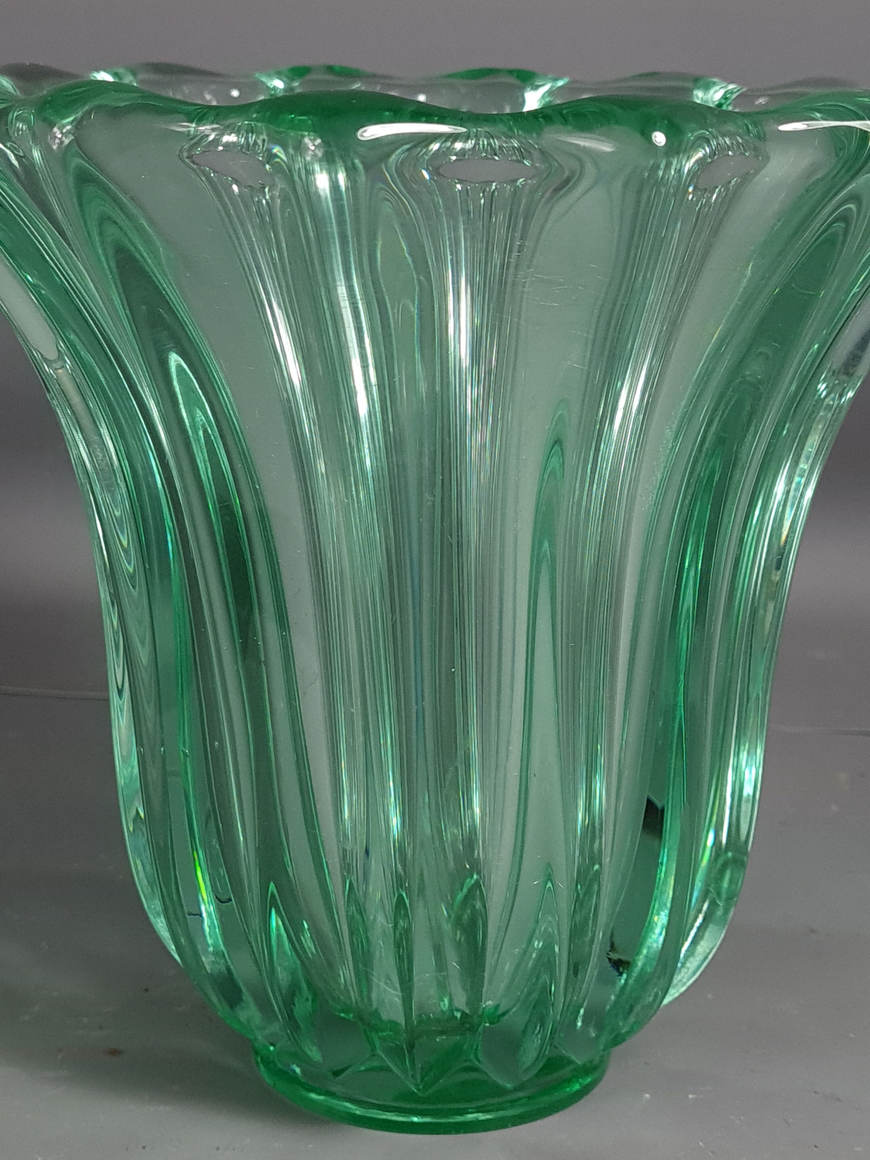 Molded pressed glass vase by Pierre D'Avesn around 1930. Signed
