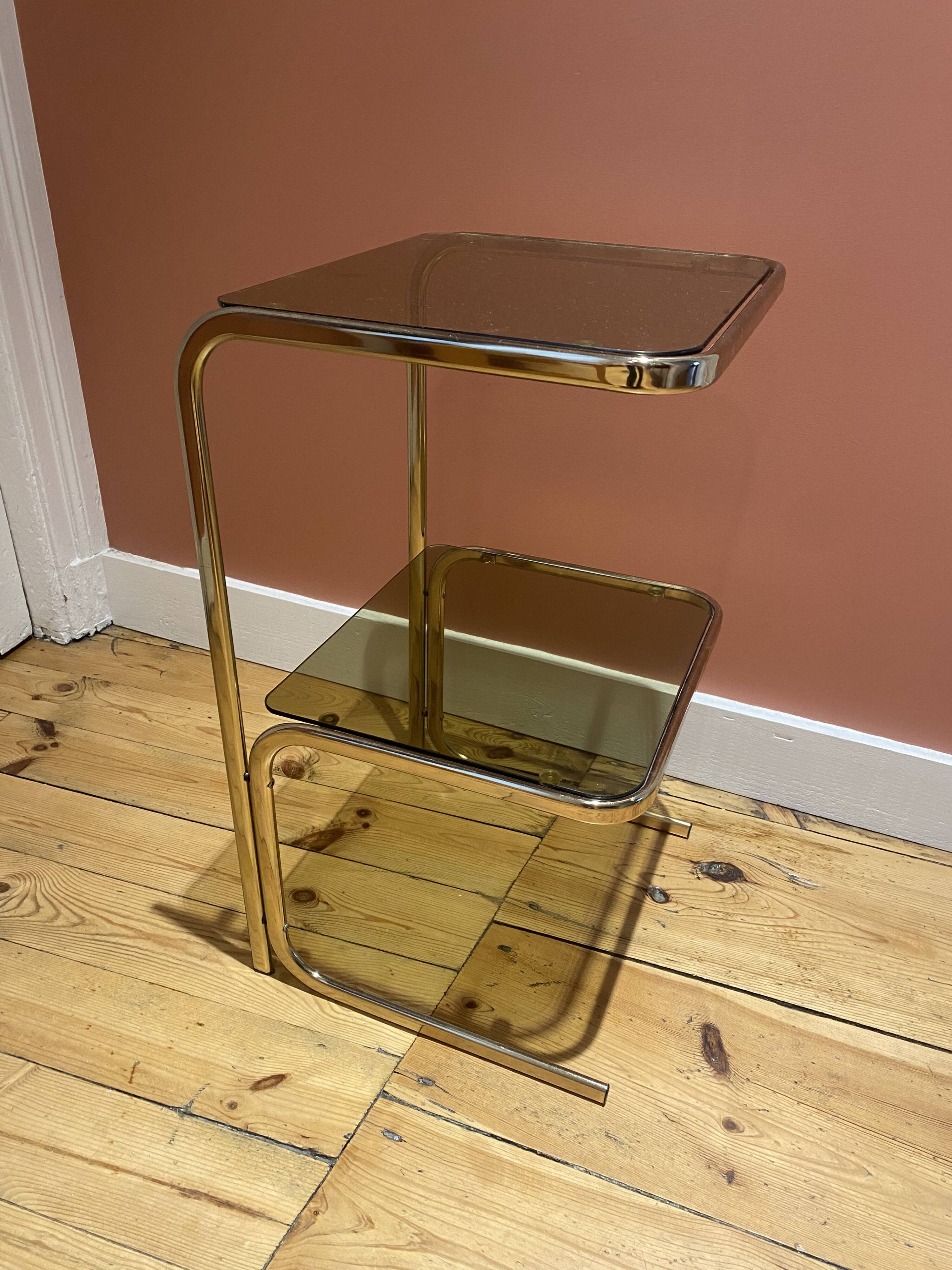 1970 side table with smoked mirror and metal