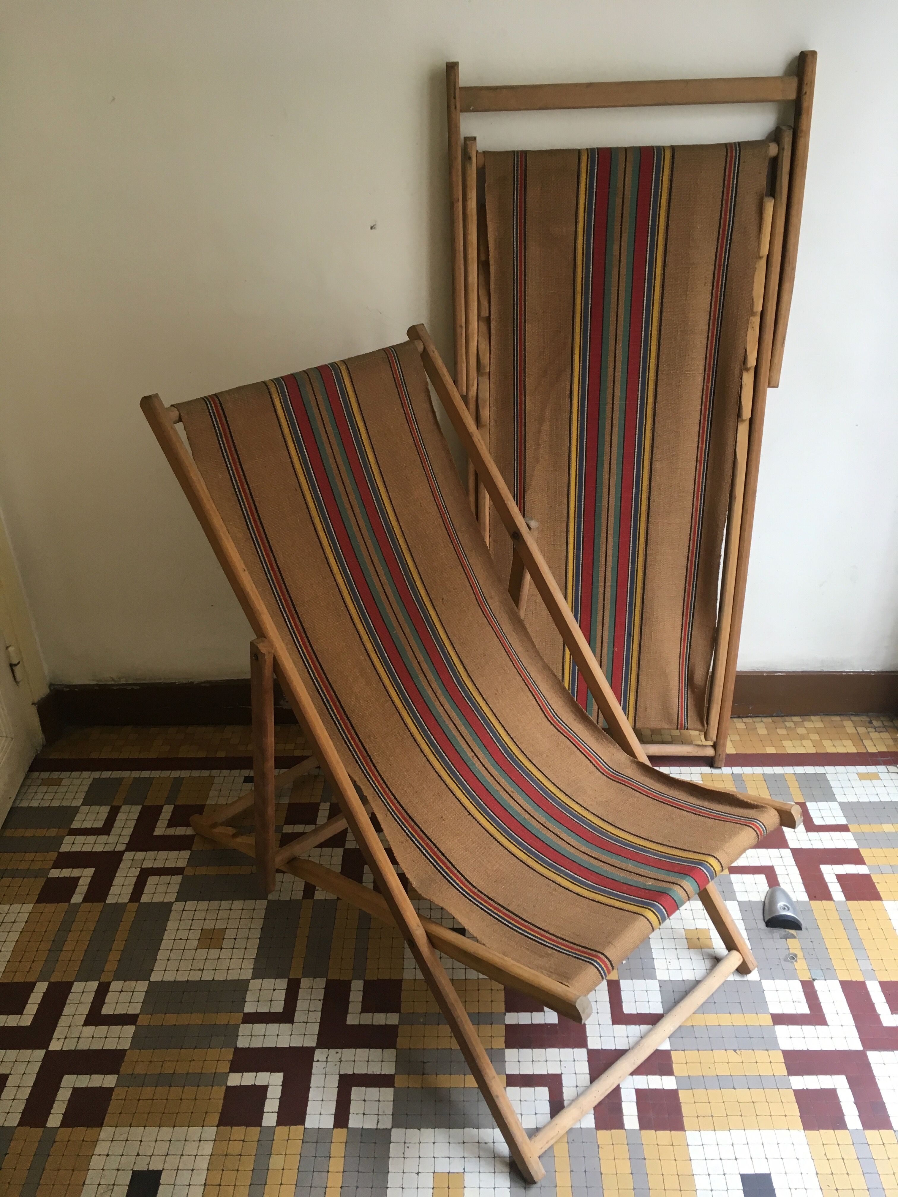 Paire de transats fin 1950 en toile de jute d'origine