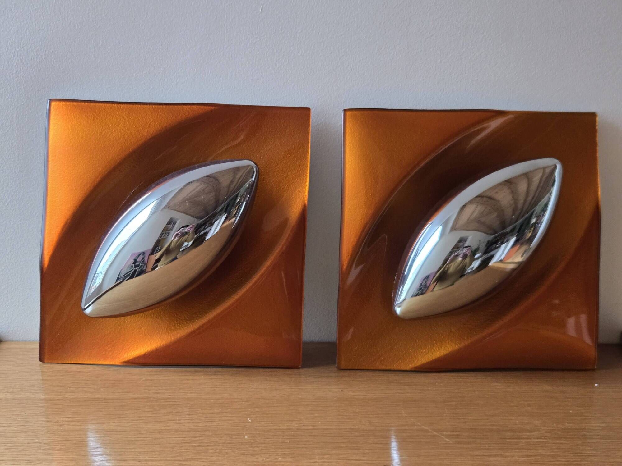 Pair of vintage square wall lights in glass and chrome - Space Age design