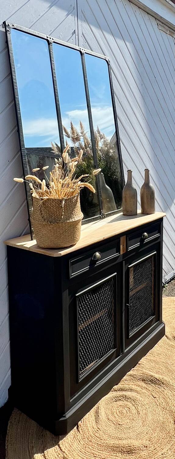 Antique Parisian sideboard in raw solid wood and matte black