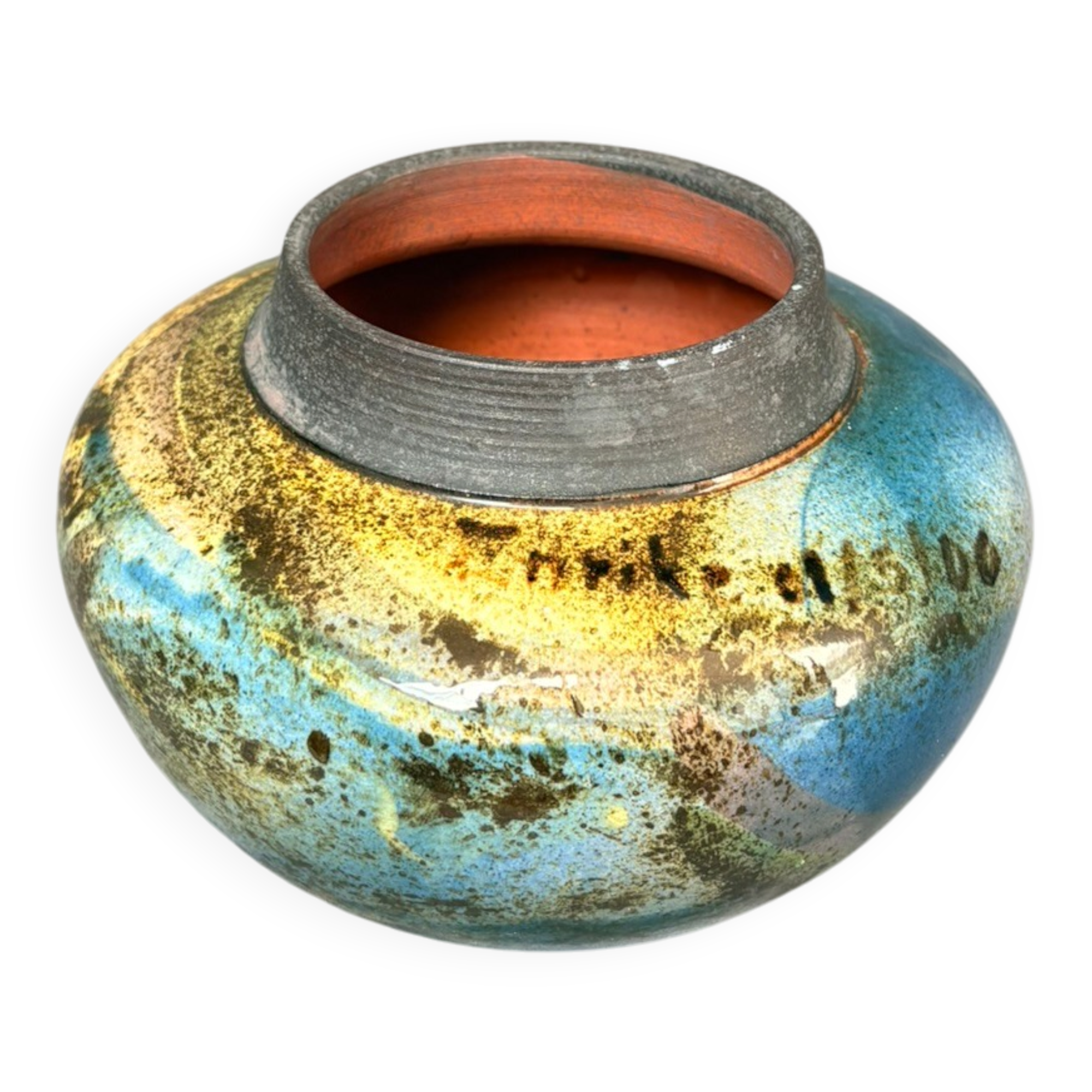 Old Round Vase Ceramic Germany Signed Erik Blue Decor