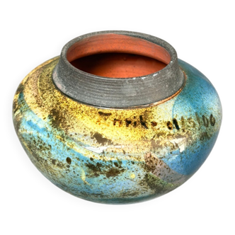 Old Round Vase Ceramic Germany Signed Erik Blue Decor