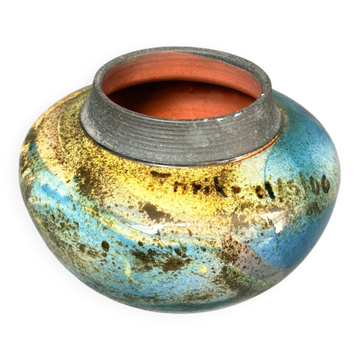 Old Round Vase Ceramic Germany Signed Erik Blue Decor