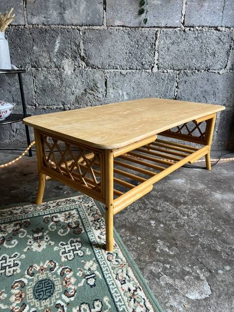 Vintage bamboo, wood and rattan coffee table