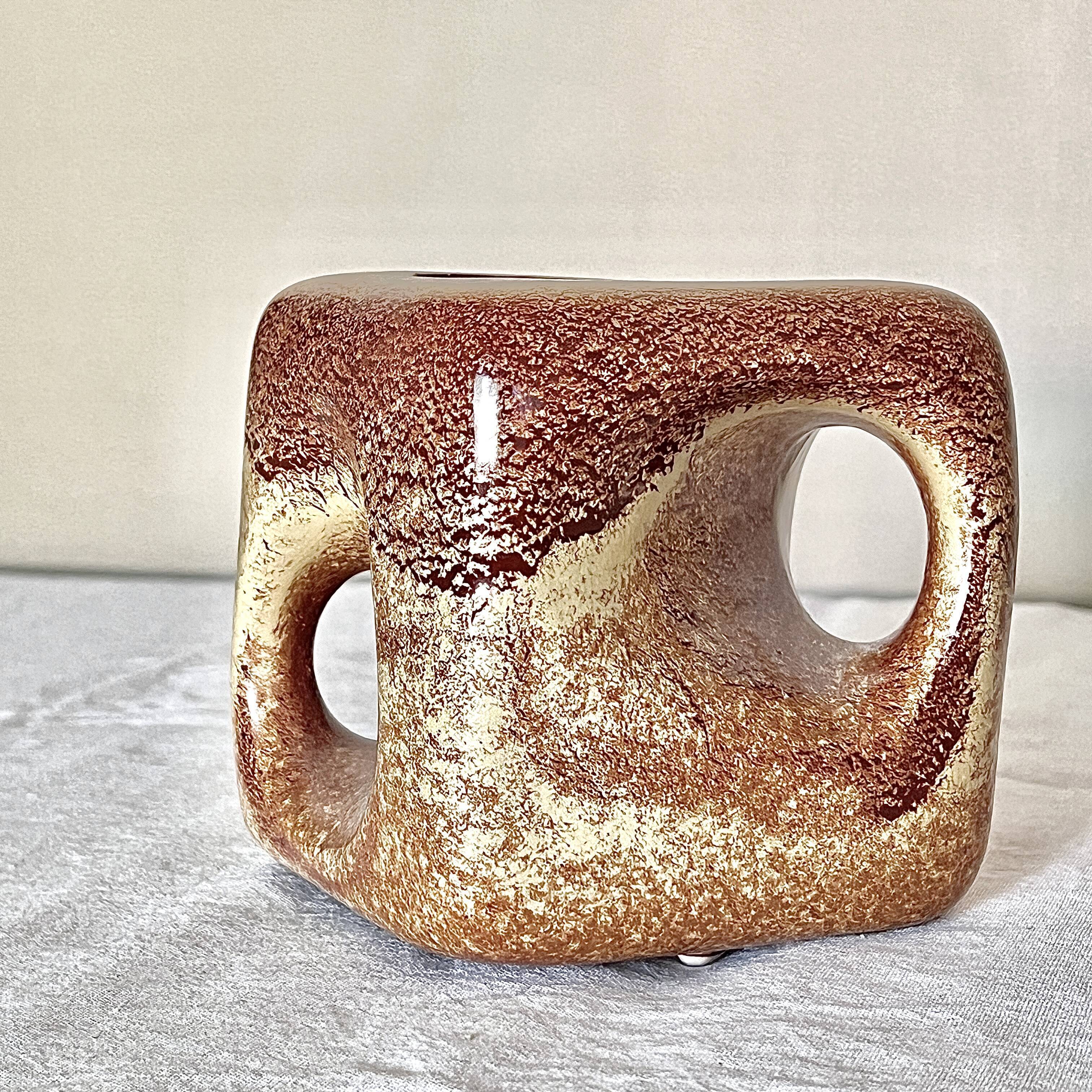Bertoncello ,,screziato tabacco" glaze, cube vase italian vintage mid century from the 1970's by rob
