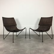Pair of rattan and steel wire armchairs by frederick weinberg