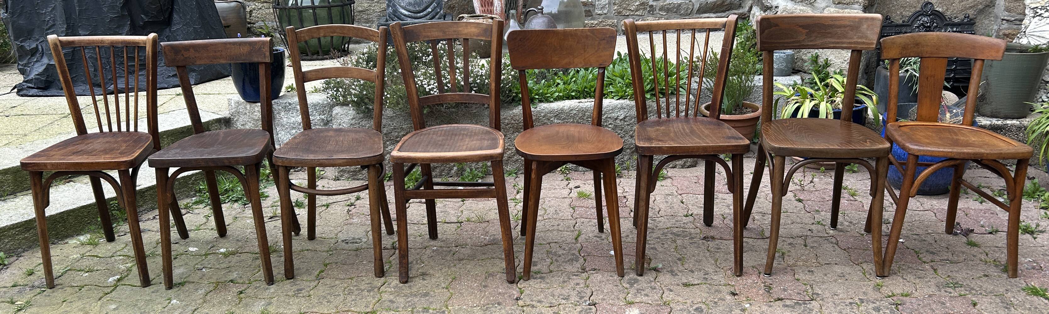 Set of 8 vintage bistro chairs, 50s, 60s, dark oak.