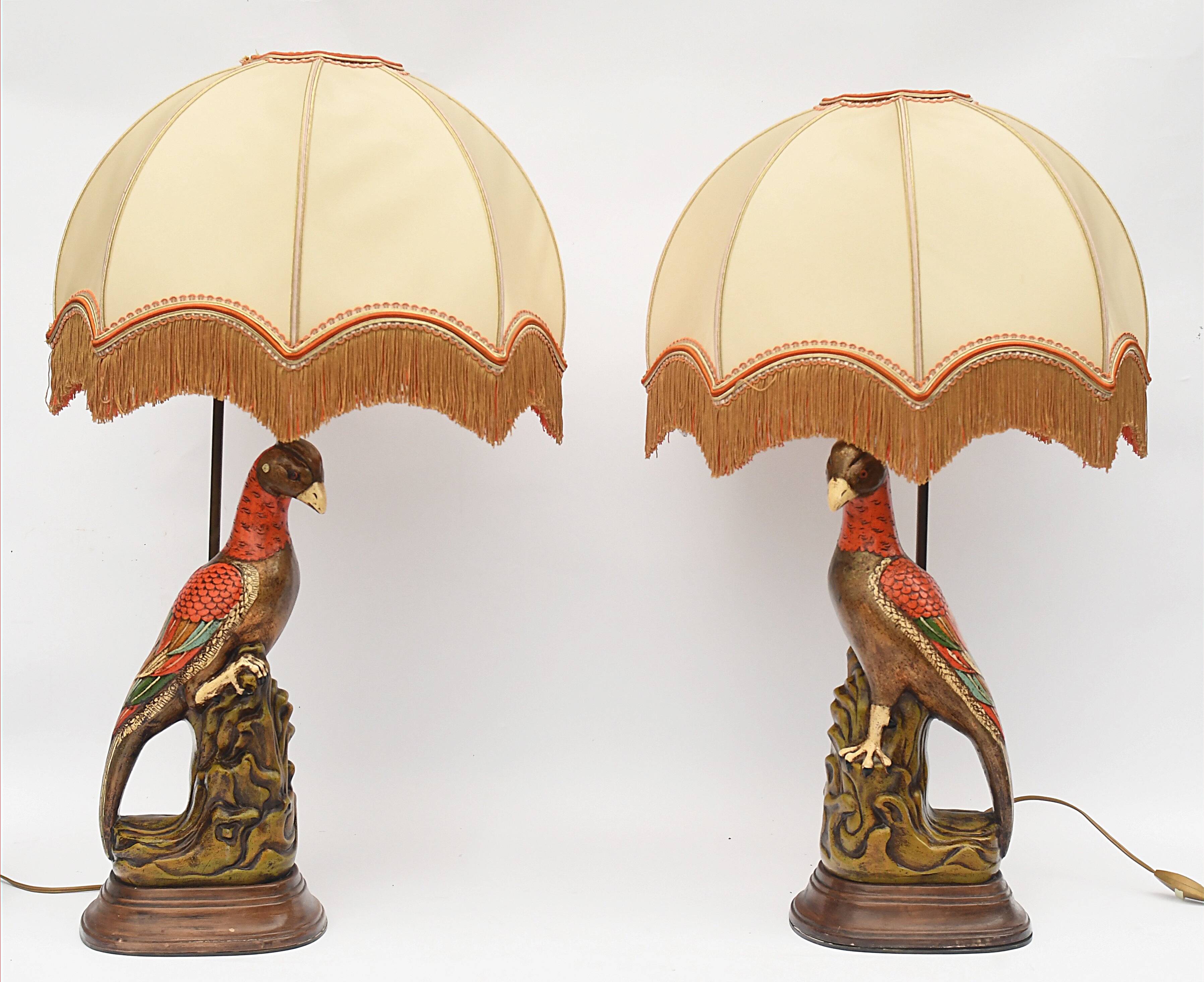 Pair of ceramic parrot lamps