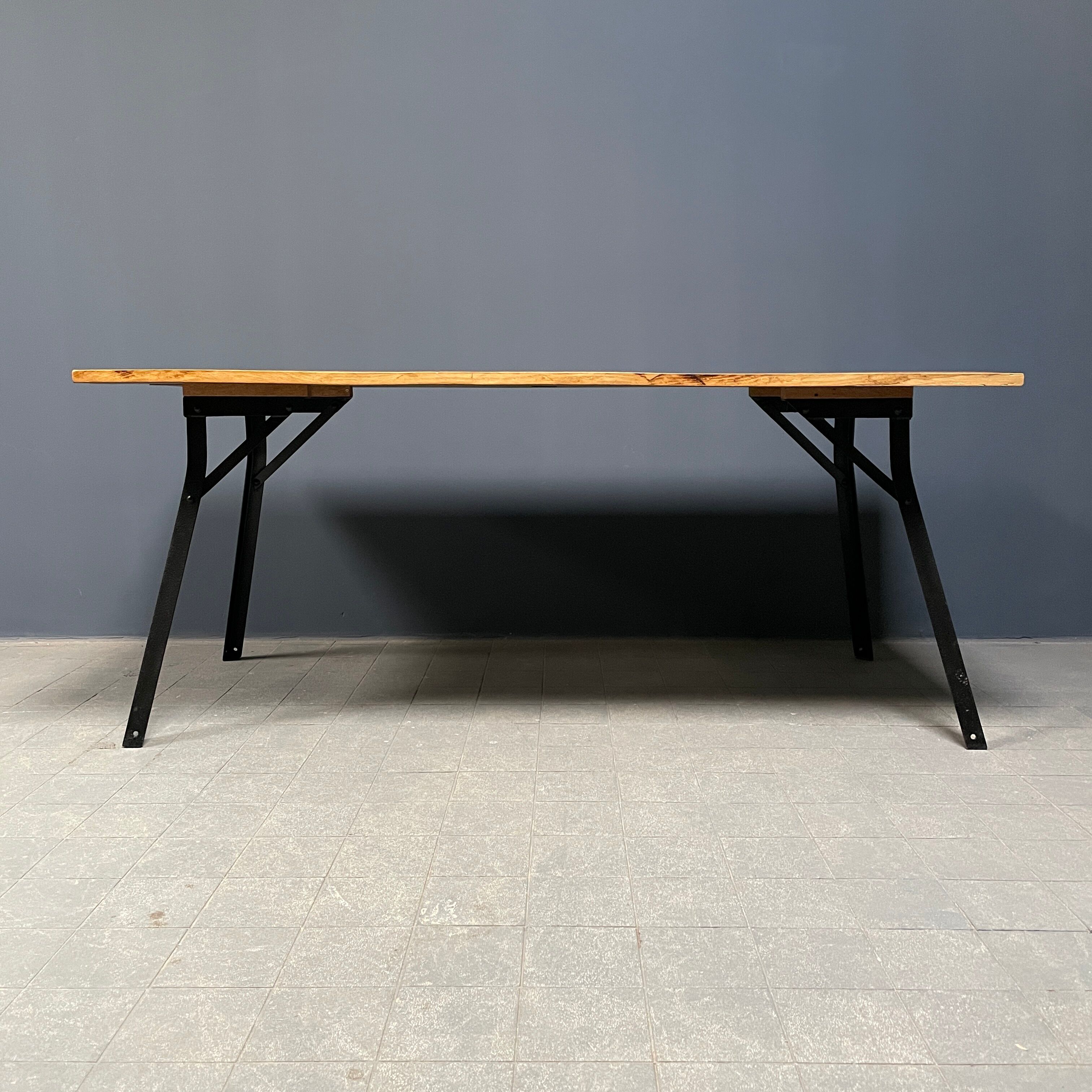 Handmade industrial oak dining table with black metal legs