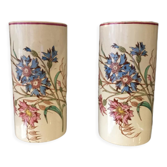 Paire de vases rouleaux faience de Luneville decor aux bleuets