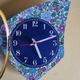 Vintage formica clock silent asymmetrical wall pendulum "Blue purple green flowers"