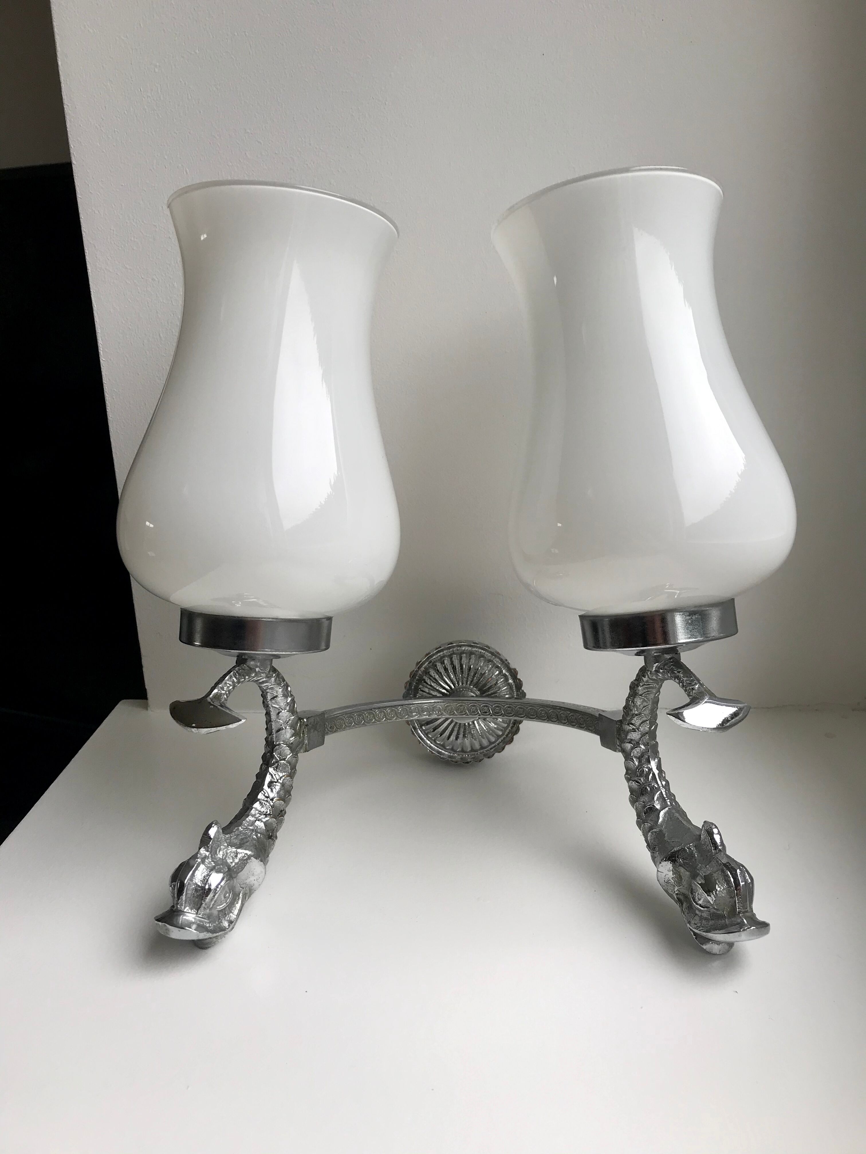 Duo of wall lamps in chrome metal and Opalines Japanese 50s