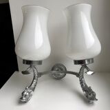 Duo of wall lamps in chrome metal and Opalines Japanese 50s
