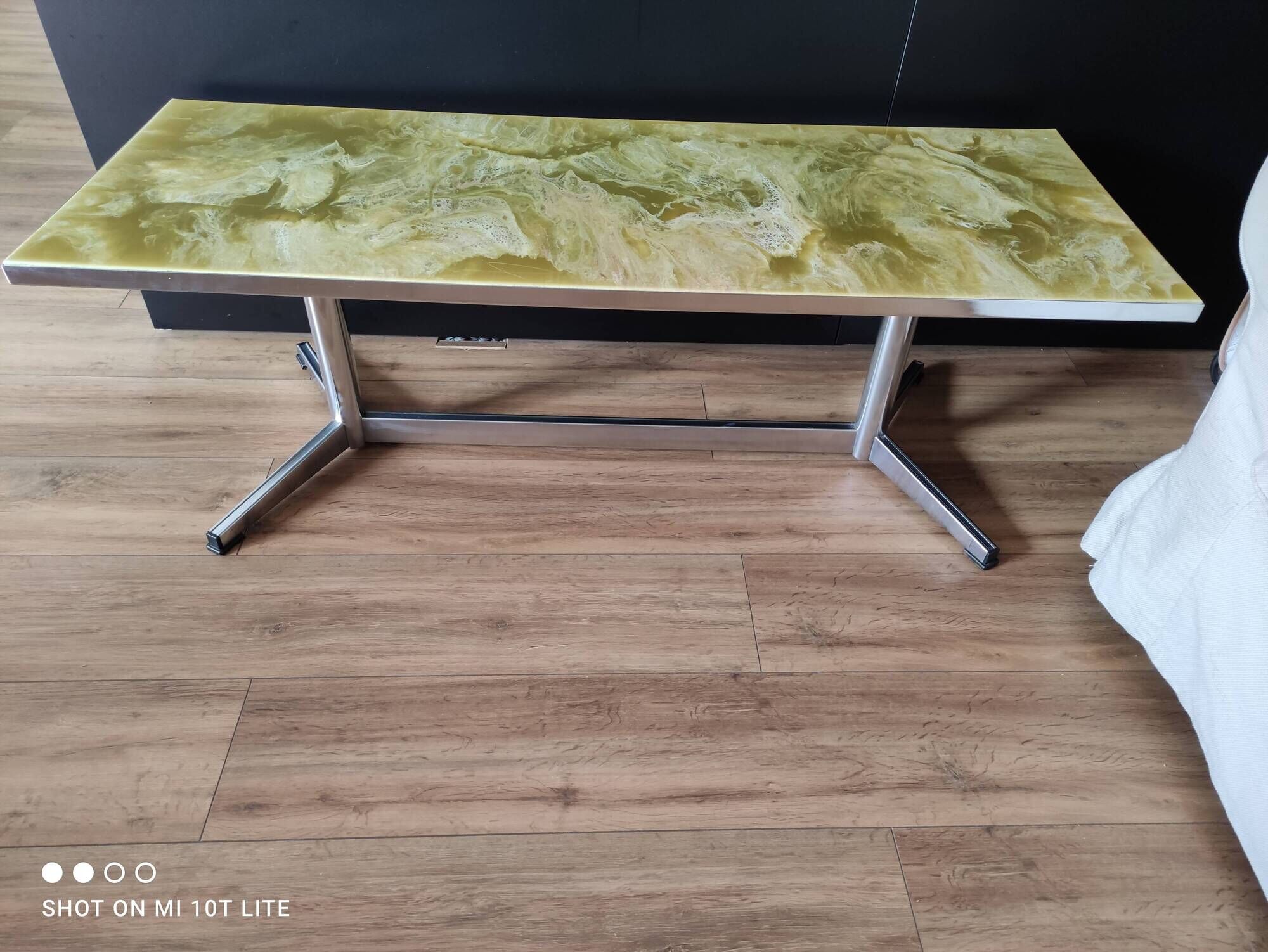 Vintage coffee table 70s chrome base and top resin effect marble green water