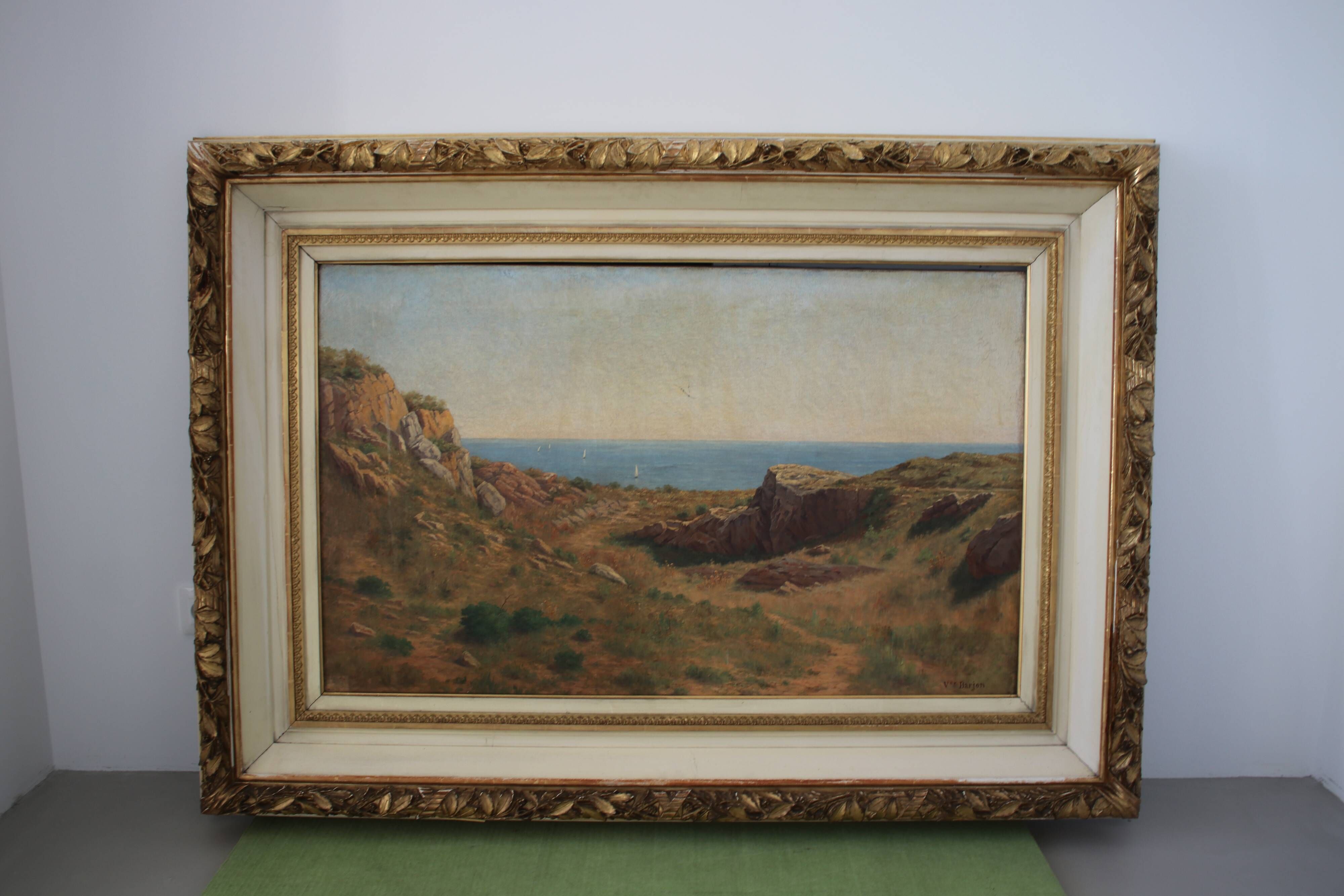Painting Oil on Canvas Framed, signed Victor Barjon (1845-1920), Cote Rocheuse Bretagne