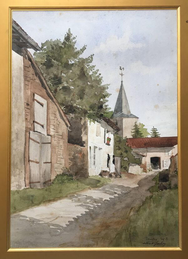 Tableau Aquarelle 1887 : entrée de village à ''Damvillers'' signée Albert Julien