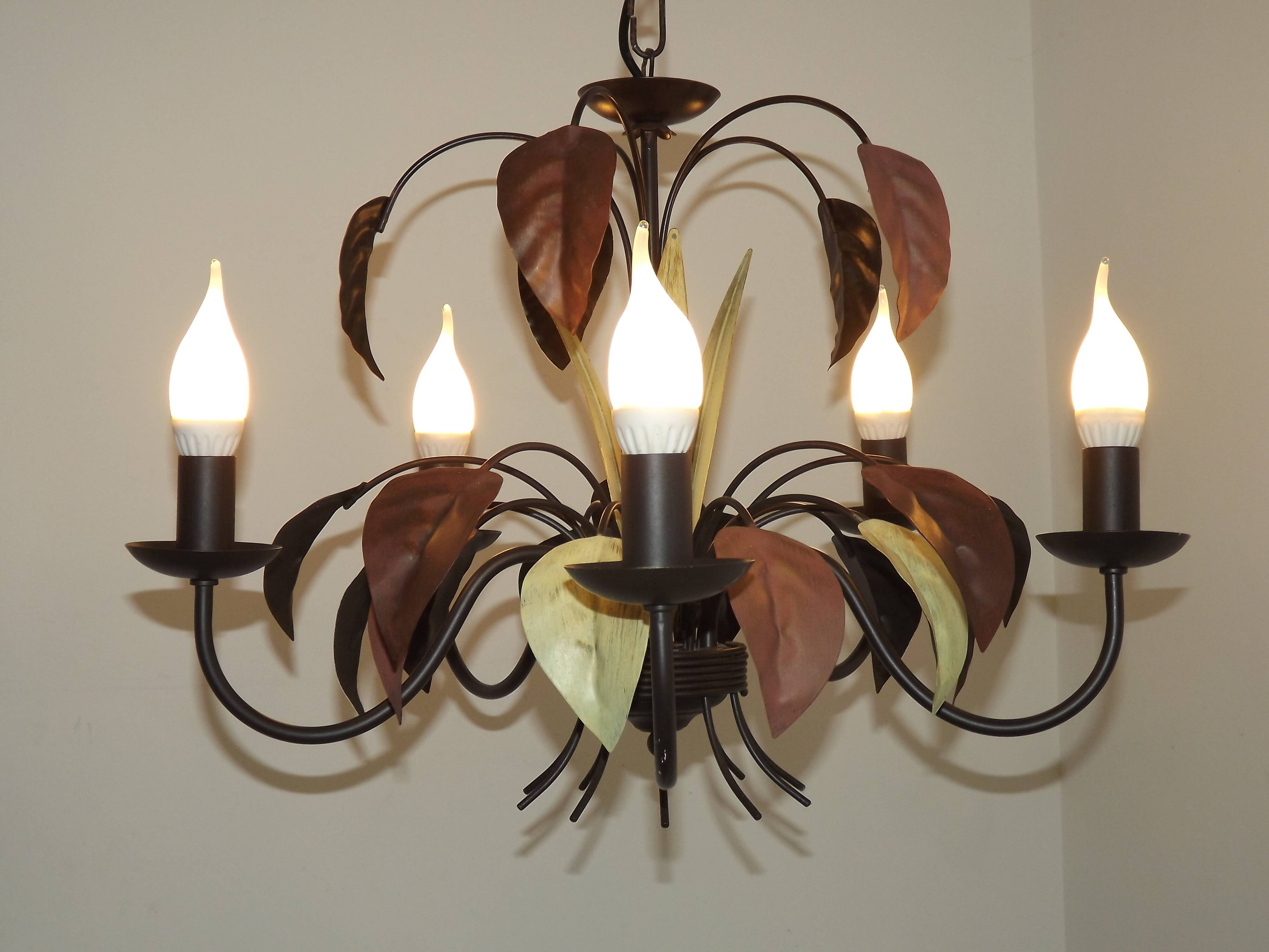 French Vintage 5 Light Brown & Green Tied Boquet Leaf Chandelier