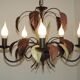 French Vintage 5 Light Brown & Green Tied Boquet Leaf Chandelier