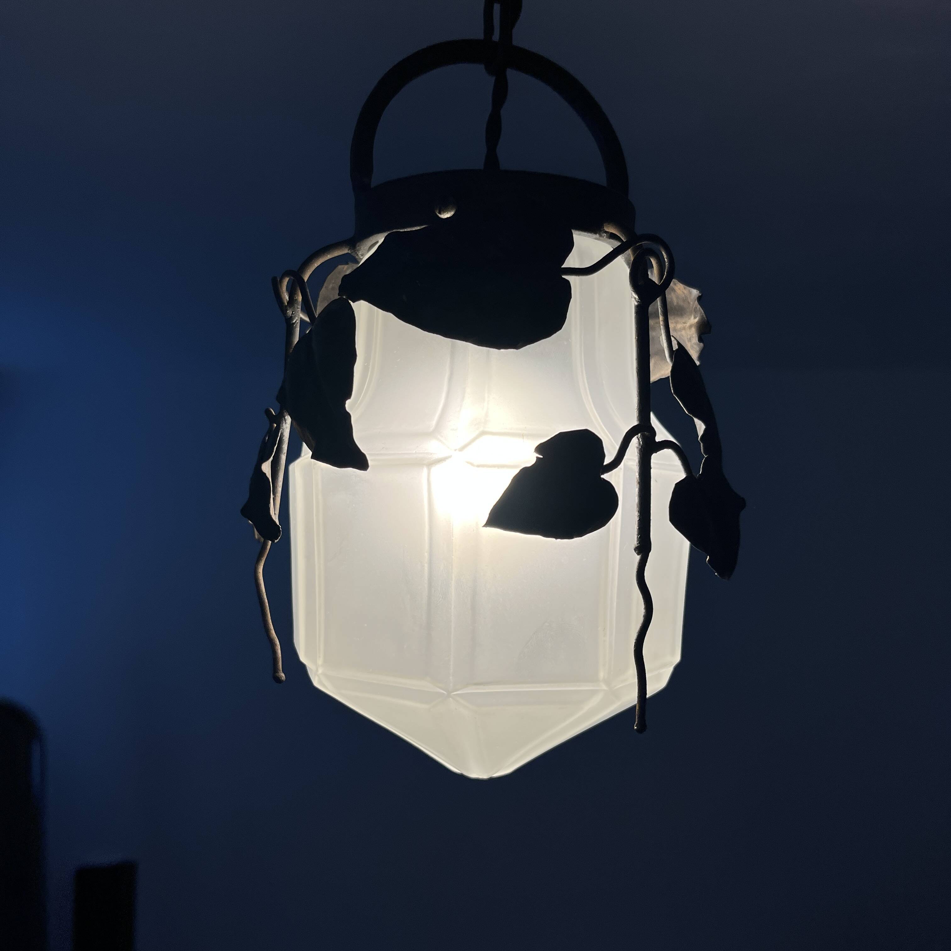 Antique glass and wrought iron pendant light with ivy decor Art Deco chandelier globe