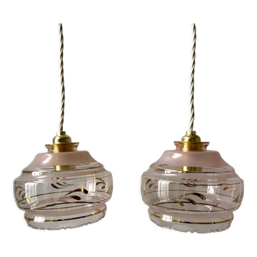 Pair of suspensions in pink glass and golden edging 50s-60s
