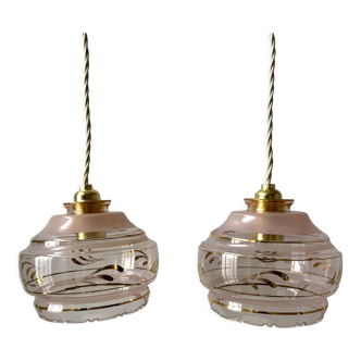 Pair of suspensions in pink glass and golden edging 50s-60s