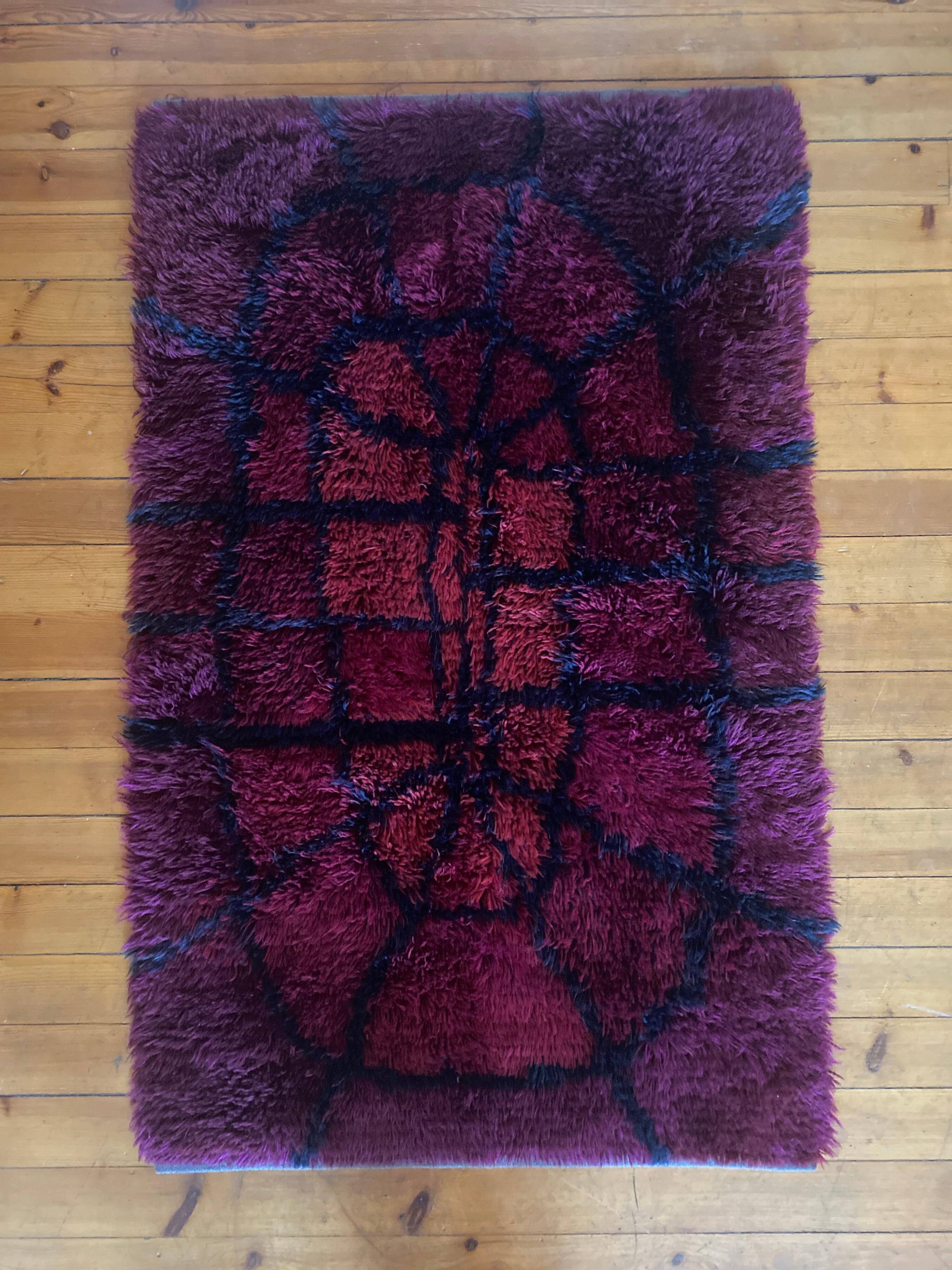 Mid-century Modern Bordeaux Red Rya Rug by Gull-Britt Johansson for NIAB, Sweden