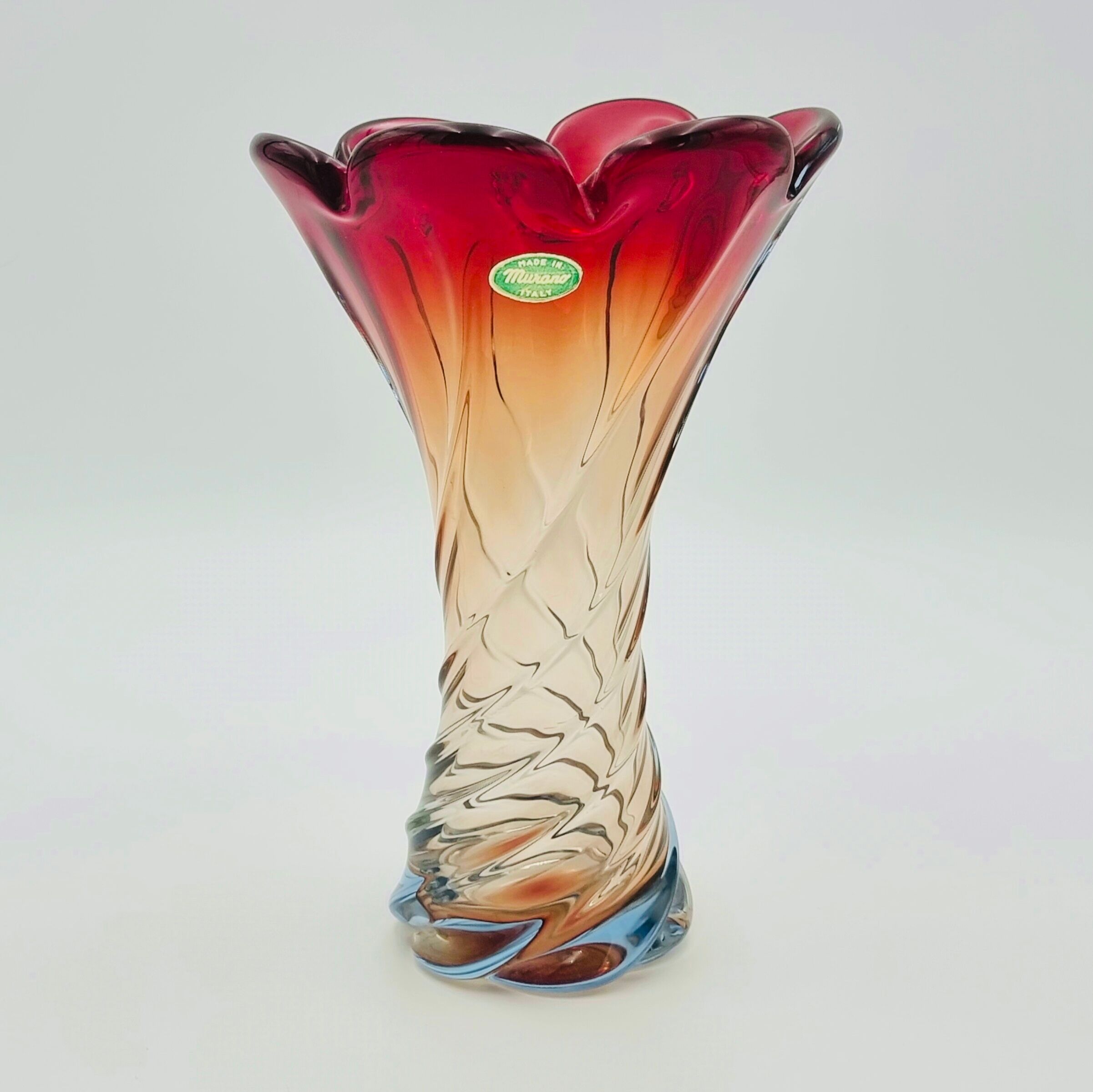 Labelled vintage italian twisted murano glass vase, 1960s