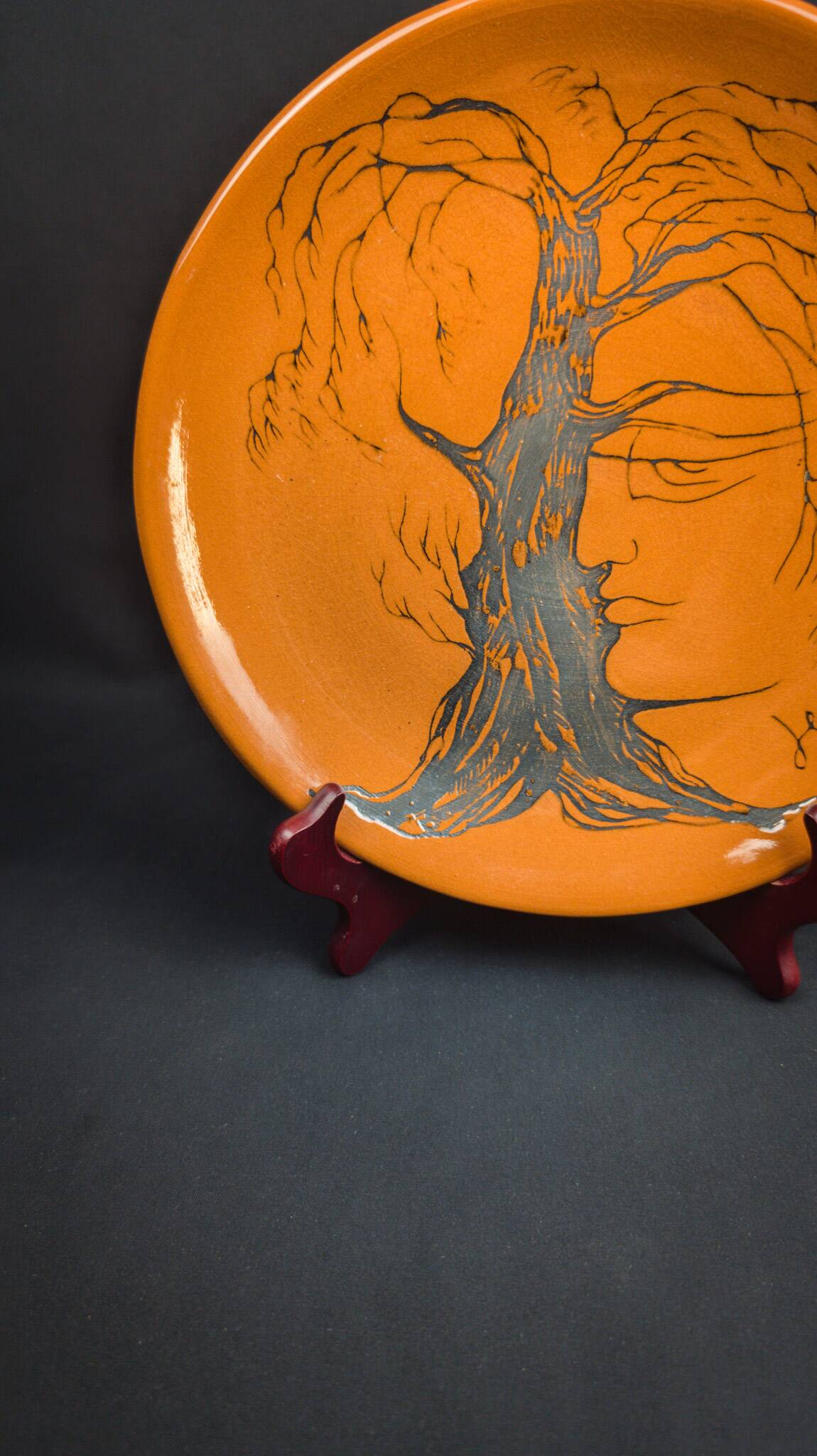 Glazed ceramic plate signed Jean Marais face & tree Vallauris