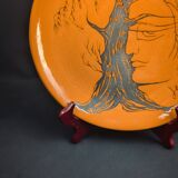 Glazed ceramic plate signed Jean Marais face & tree Vallauris