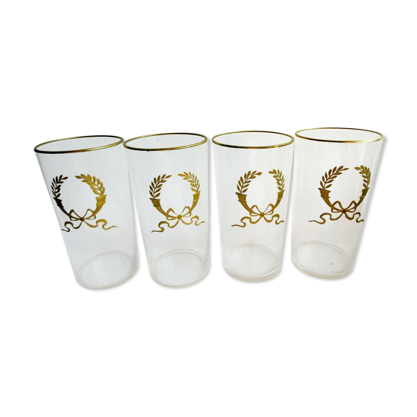 Set de 4 verres cristal fin émaillé de palmes et de noeud Louis XVI à l'or fin