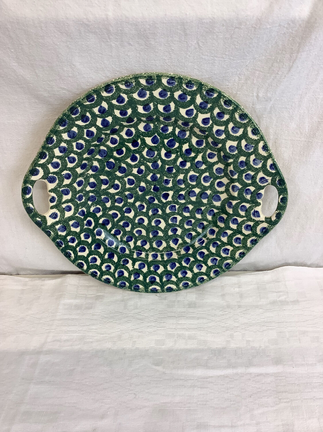 Round dish with old handles made in France Sarreguemines U&C