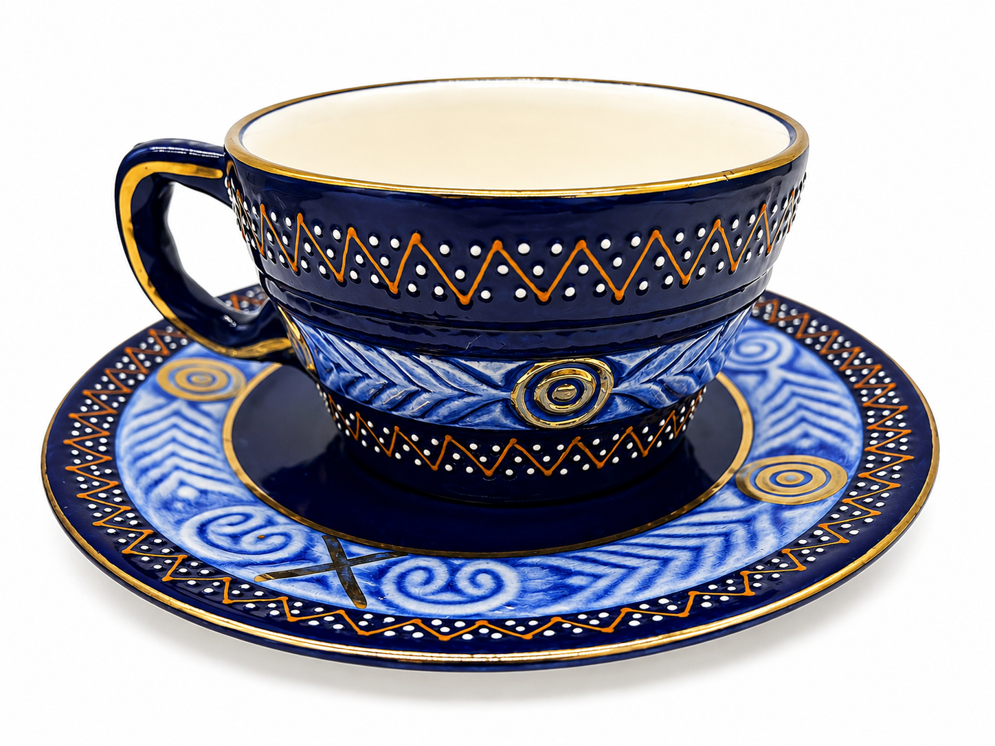 HB Quimper cobalt blue tea set teapot and 2 earthenware cups