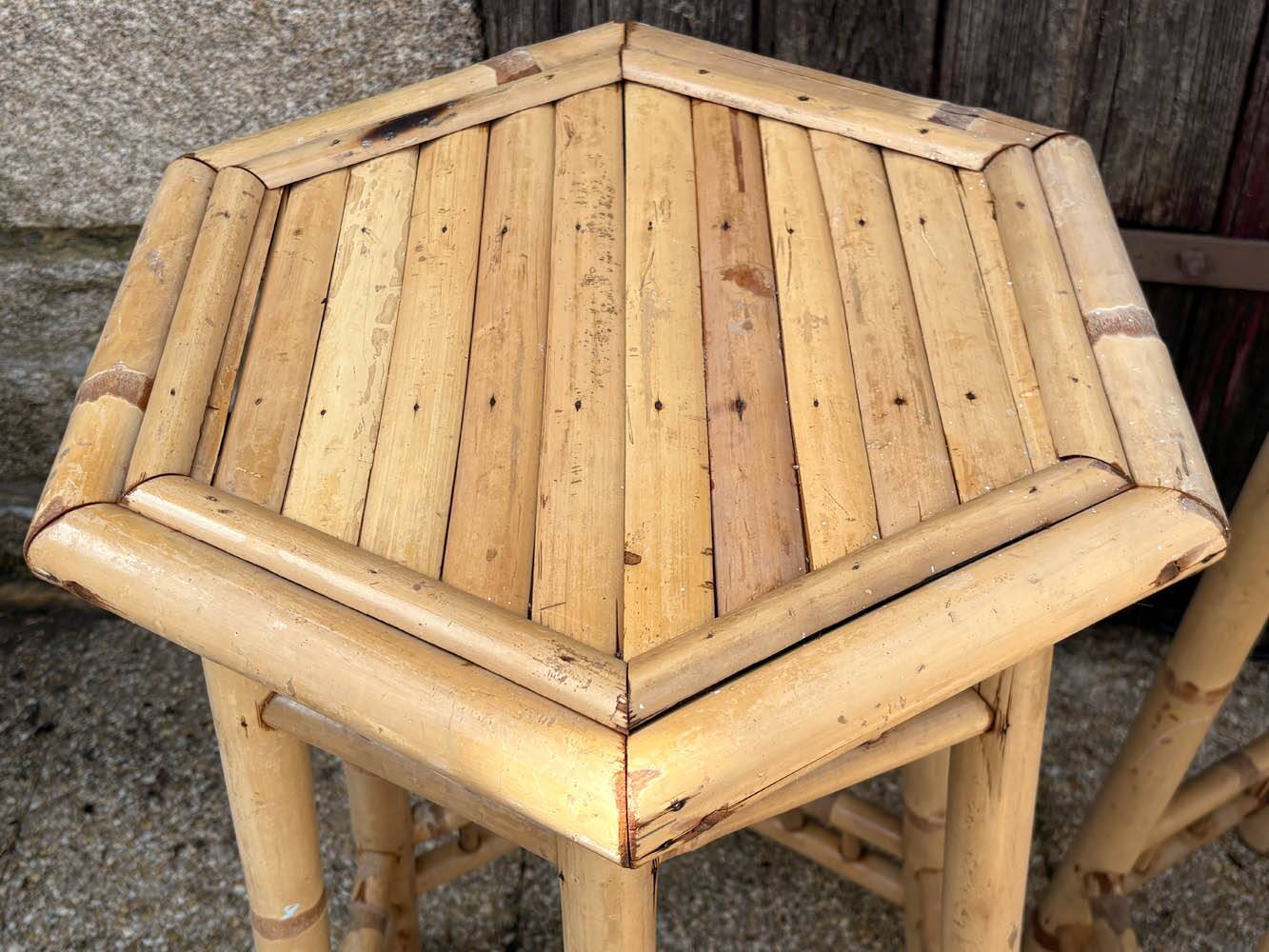 Two high bamboo stools – hexagonal top, vintage, 1970s