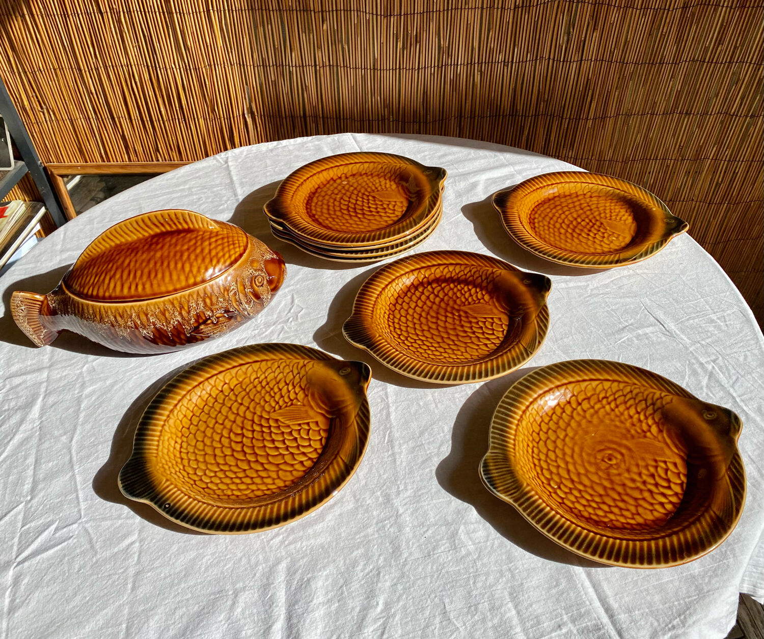 Fish service 8 plates and ceramic soup slurry Sarreguemines vintage 60