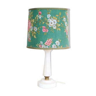 Marble and brass lamp, shade in flowery green fabric, 50s/60s