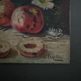 Oil on canvas still life with fruits and flowers by L. Parize 20th century