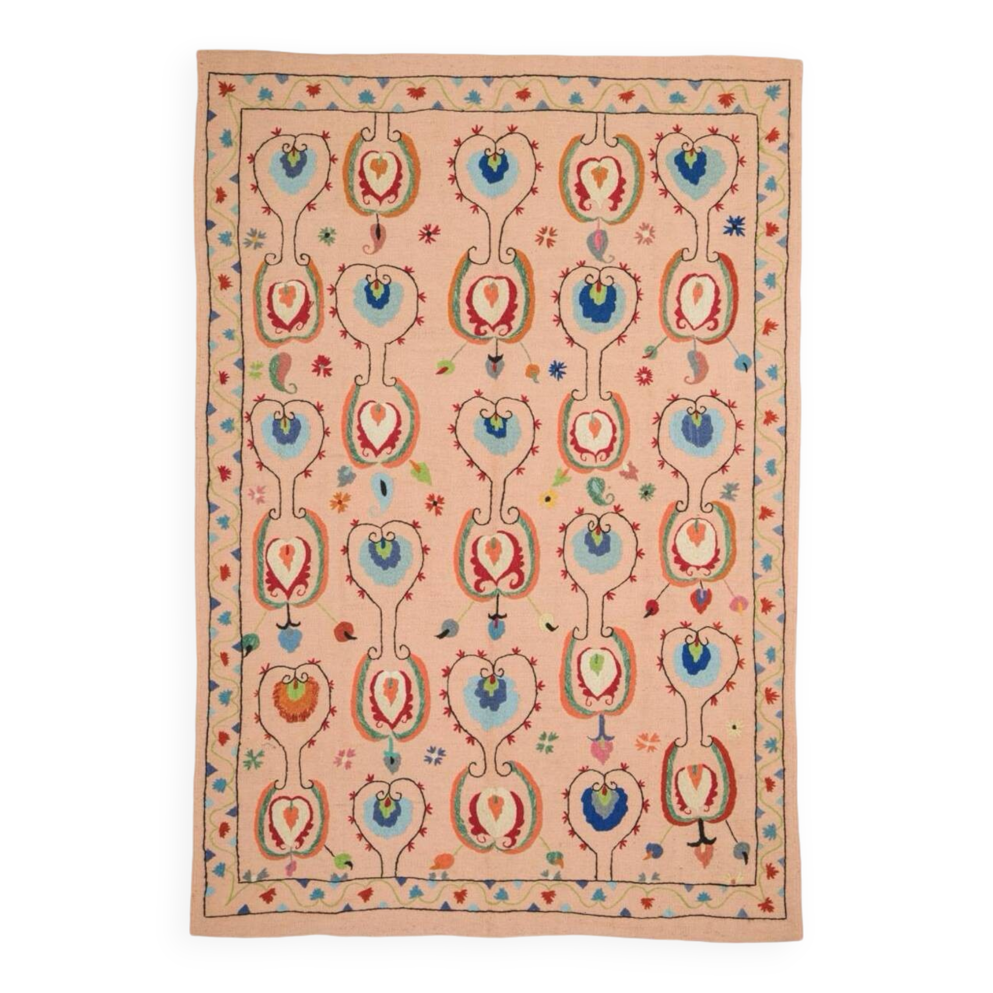 Salmon pink suzani kilim rug with embroidered patterns