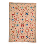 Salmon pink suzani kilim rug with embroidered patterns