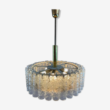 1960s Doria Leuchten tubular glass and brass chandelier